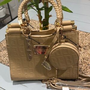 Bebe Beige Embossed Satchel with Gold Accents